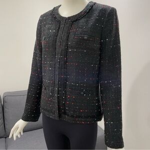 KARL LAGERFELD PARIS Tweed Blazer Black With Red No Collar Classic Size 10